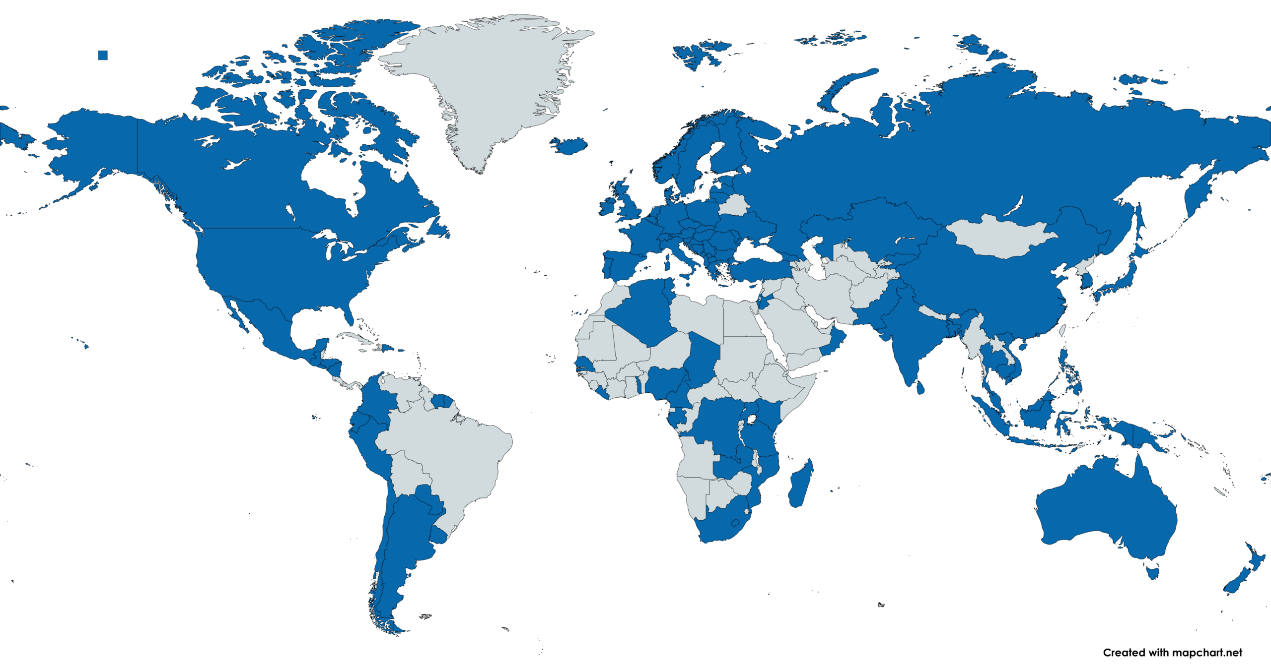 visualys- World map highlighting countries in blue where Spanish is spoken, spanning parts of the Americas, Europe, Africa, and some in Asia and Oceania; non-Spanish-speaking countries are shown in gray.