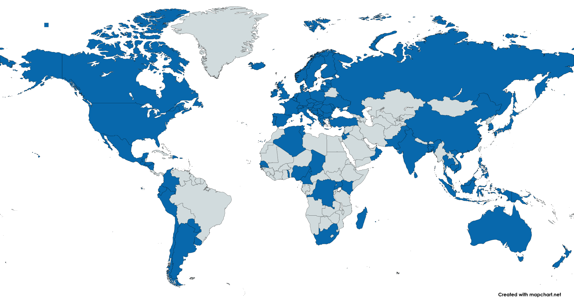 visualys- Eine Weltkarte, bei der einige Länder blau und andere grau schattiert sind. Die blauen Länder sind über alle Kontinente verteilt, während die grauen Länder hauptsächlich in Afrika, dem Nahen Osten und Asien liegen.