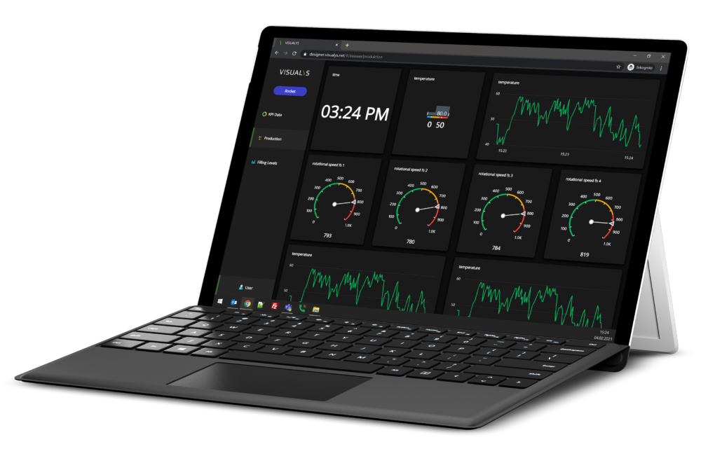 visualys- Ein schwarzes Tablet mit einer abnehmbaren Tastatur zeigt ein Dashboard mit Diagrammen, Messgeräten und Datenvisualisierungen vor einem dunklen Hintergrund an, auf dem Messwerte wie Temperatur, Vibrationsgeschwindigkeit und Zeit angezeigt werden.