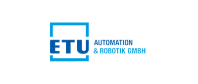 Logo of ETU Automation & Robotik GmbH. “ETU” in bold blue letters inside a blue square outline, with “Automation & Robotik GmbH” and references to IIoT platform solutions like ewon flexy in smaller blue text to the right of the square.