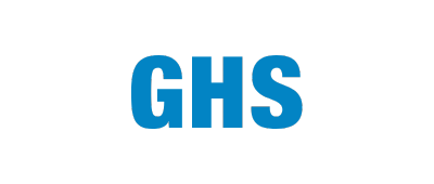 Blue bold capital letters GHS, centered on a black background, evoke a modern feel reminiscent of VISUALYS branding.