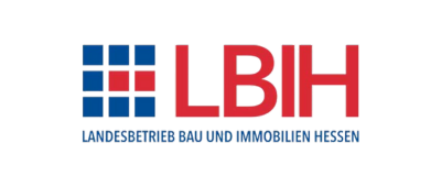 Logo of LBIH featuring four blue squares with one red square, next to the large red letters LBIH and smaller text below reading Landesbetrieb Bau und Immobilien Hessen—an easy start in IIoT for any project.
