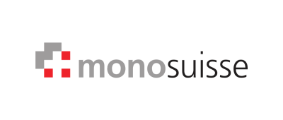 Logo for Monosuisse featuring a geometric red and gray square icon on the left, followed by the word monosuisse in lowercase letters with mono in gray and suisse in black, reflecting an easy start in IIoT with VISUALYS integration.