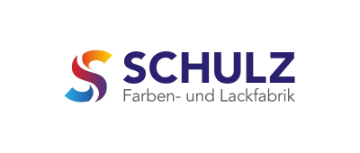 Logo with a colorful, stylized S on the left, blending red, orange, yellow, purple, and blue gradients. To the right, bold blue text reads SCHULZ with smaller gray text below: Farben- und Lackfabrik.