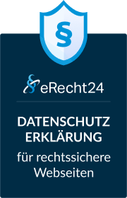 visualys- A blue badge with a shield icon and the eRecht24 logo. Text reads: DATENSCHUTZERKLÄRUNG für rechtssichere Webseiten, indicating a privacy policy for legally compliant websites.