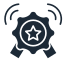 Dark blue icon of a ribbon badge with a star in the center and two curved lines above, suggesting achievement, quality, or recognition.