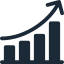 A simplified bar chart icon with four vertical bars increasing in height from left to right and an upward-pointing arrow above the bars, symbolizing growth or progress.