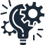 A dark icon showing a light bulb combined with two interlocking gears, symbolizing ideas, innovation, and problem-solving. Lines around the bulb suggest illumination or creative thinking.