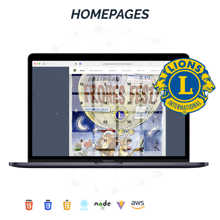 A laptop displays a webpage featuring a festive Frohes Fest design with a lion mascot. The Lions International logo is prominent, and tech stack icons (HTML5, CSS3, JavaScript, React, Node.js, Vue, AWS) are shown below.