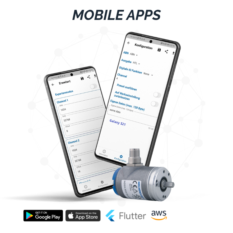 Two smartphones display configuration screens of a mobile app, with a metal sensor device placed in front. Icons for Google Play, App Store, Flutter, and AWS are below, with a network graphic in the background.