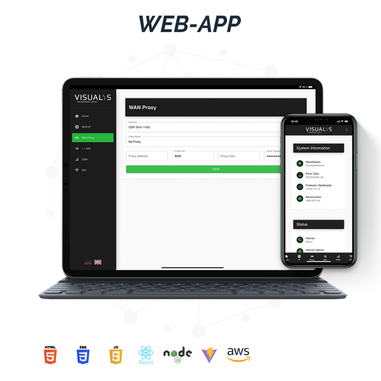A laptop and smartphone display a web app dashboard with a dark sidebar menu. “VISUALS” is shown on both screens. Web technology logos including HTML5, CSS3, JavaScript, React, Node.js, Vue, and AWS appear below.
