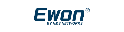 Blue Ewon logo with the text BY HMS NETWORKS underneath in smaller font, symbolizing an easy start in IIoT and seamless integration with VISUALYS solutions.