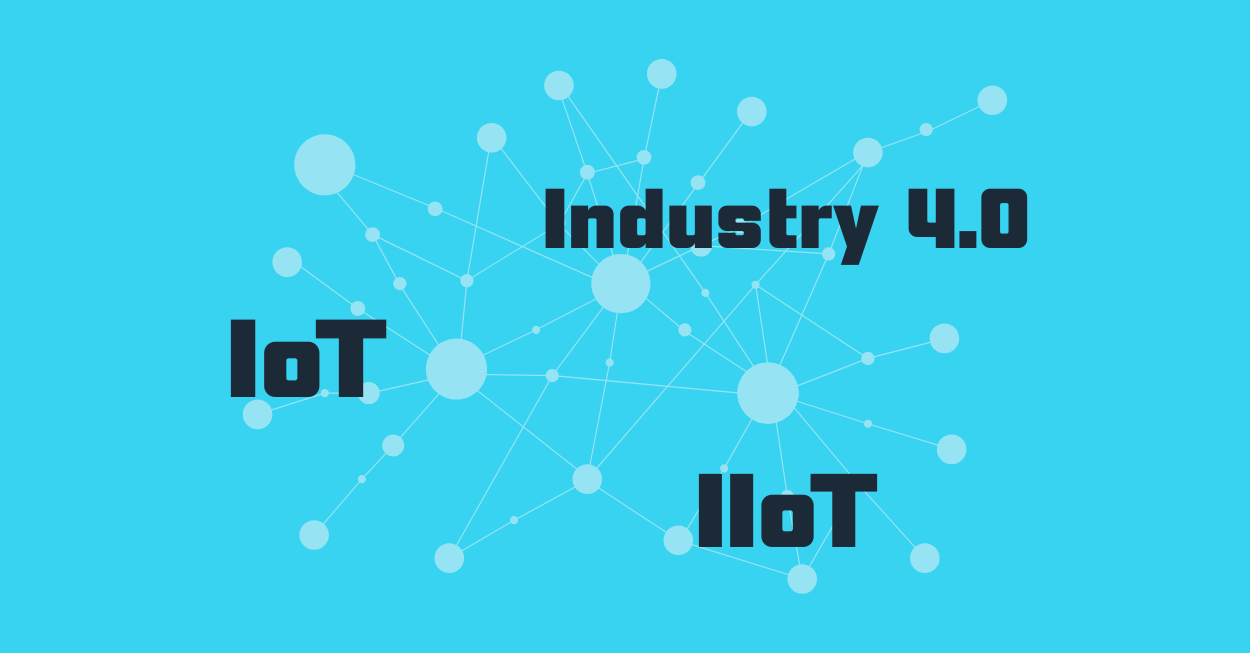 visualys- Blue background with connected white dots and circles forming a network. The words Industry 4.0, IoT, and IIoT are displayed prominently in dark bold text across the image.