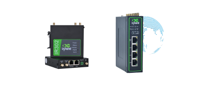 Two industrial network devices with the Upward logo; one has IR302 labeled on it, and both have multiple ports and indicator lights, shown against a transparent background with a partial blue globe design.