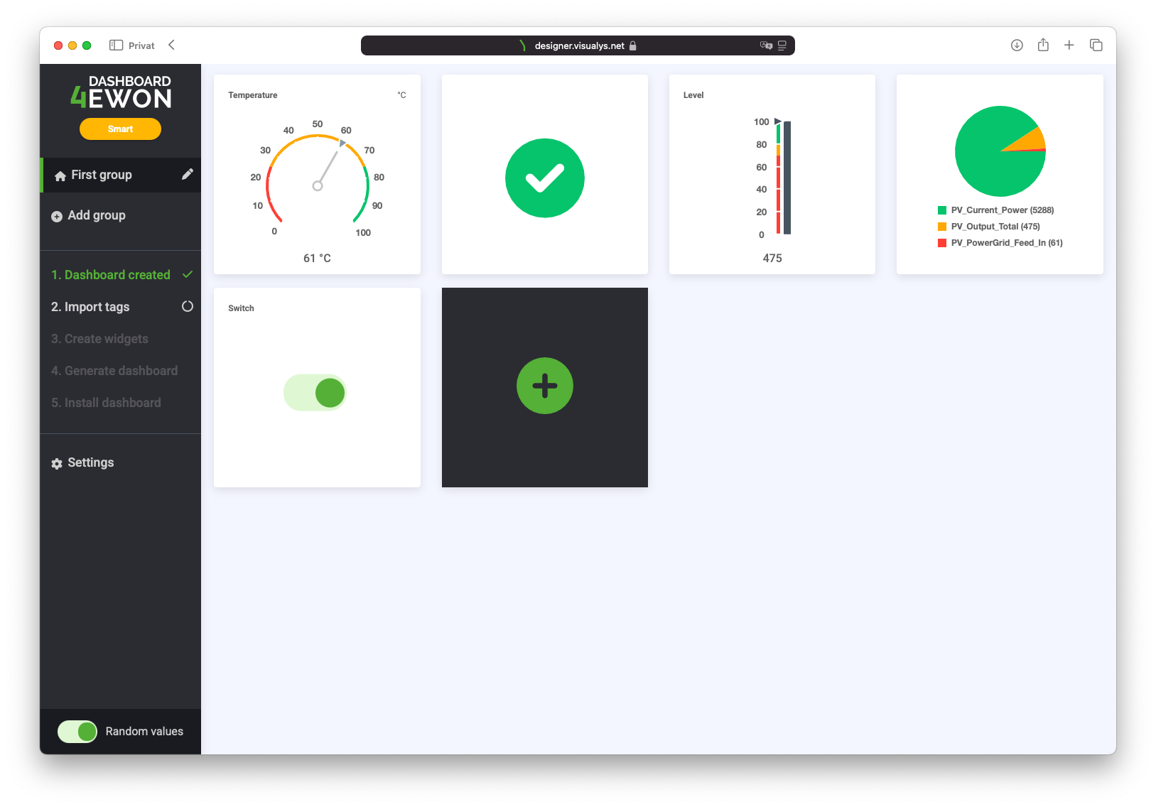A dashboard interface displays a temperature gauge, a checkmark, a bar chart, a pie chart, a toggle switch, and an empty widget placeholder. The side menu shows steps for creating and managing groups and widgets.