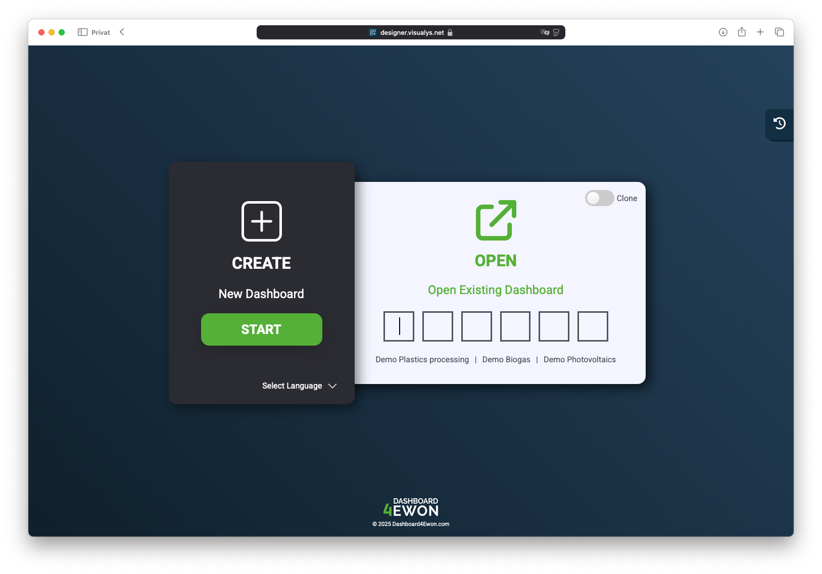 A web dashboard interface with two main options: Create New Dashboard with a green Start button on the left, and Open Existing Dashboard with selectable demo options on the right.