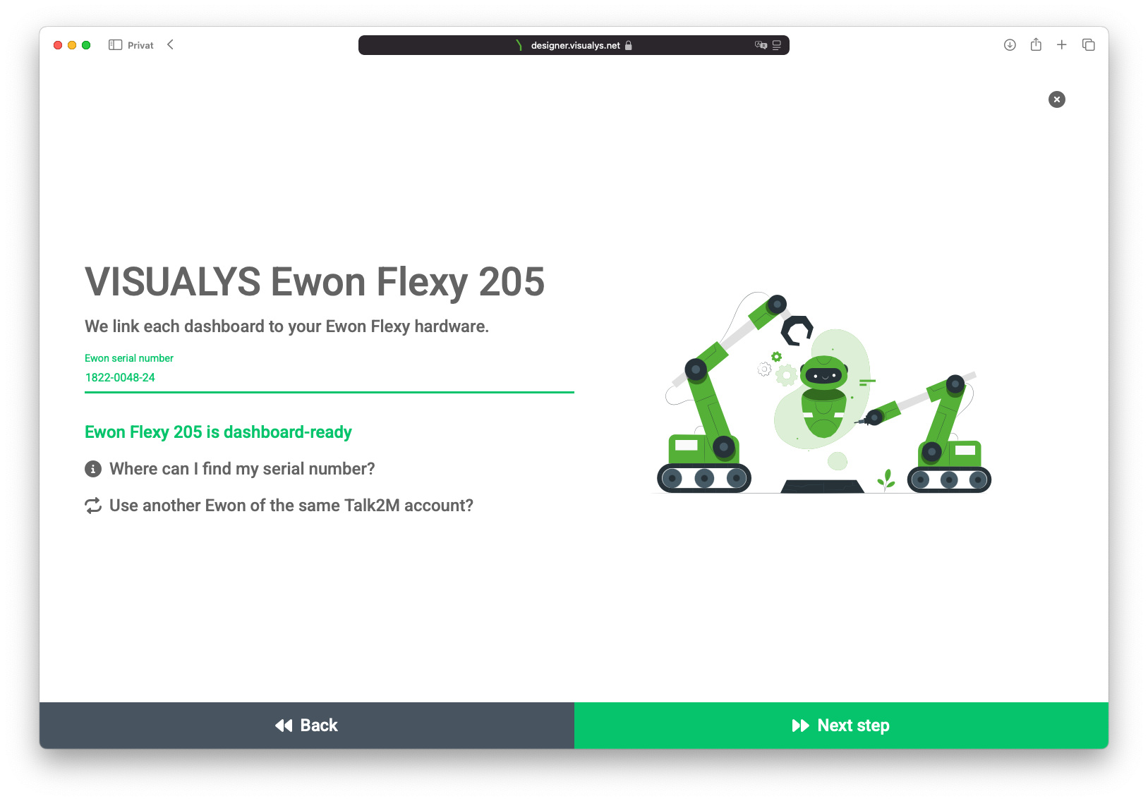 A webpage interface shows Ewon Flexy 205 setup with a robot arm illustration. Text confirms the device is dashboard-ready, displaying a serial number. Navigation buttons Back and Next step are at the bottom.