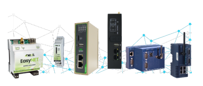 A row of six different industrial automation devices and controllers is displayed against a background with abstract network lines and nodes.