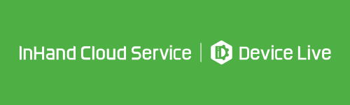 White text on a green background says InHand Cloud Service | Device Live with a vertical line and a hexagon icon containing a cloud and circuit in between the words.