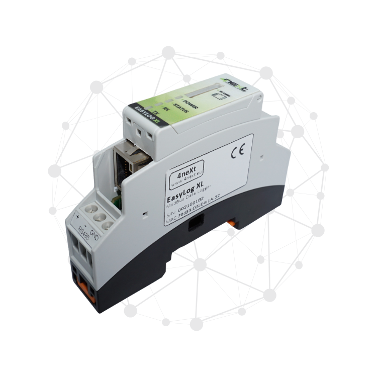 A white and black industrial electronic device labeled EasyLog XL by 4neXt, with ports and connectors, is shown in front of a digital network nodes and connections background.