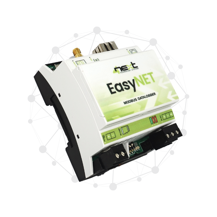 A white and green EasyNET Modbus datalogger device, with connection ports and indicator lights, is displayed in front of a digital network graphic with interconnected nodes.
