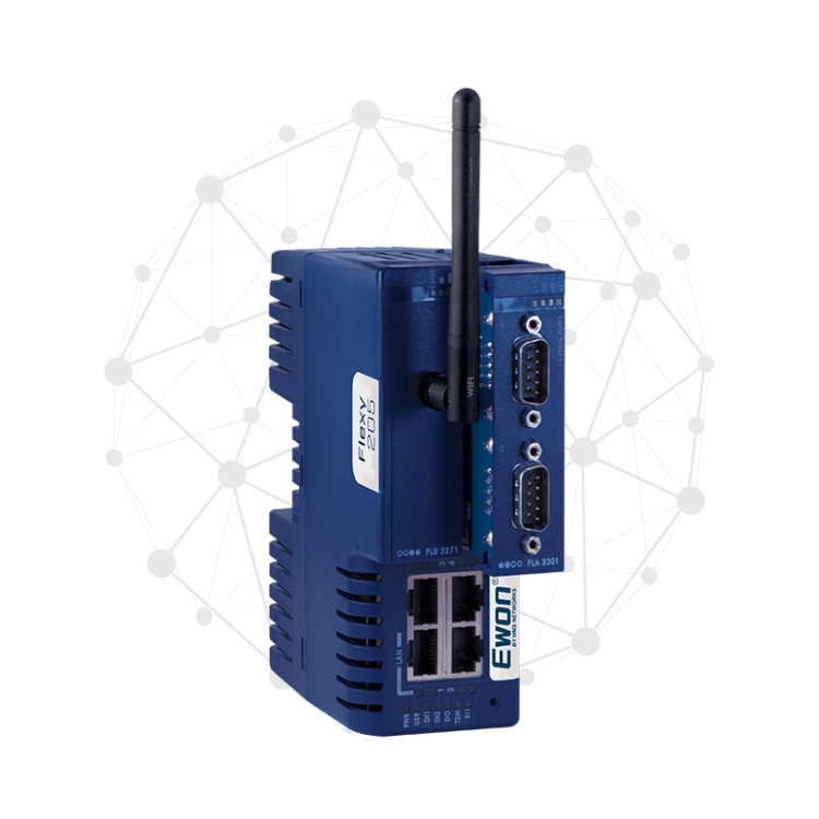 A blue Ewon Flexy 205 industrial router with antenna, multiple ports, and connectors is shown in front of a digital network sphere made of interconnected lines and dots.