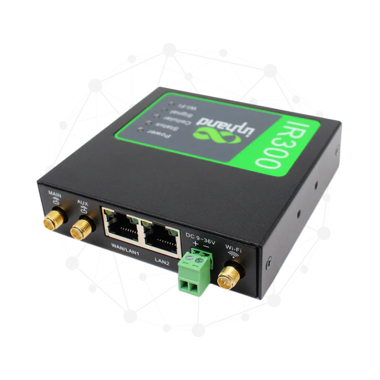 visualys- Black IR300 industrial router with ports and antenna connectors, labeled InHand Networks, placed in front of a stylized digital network graphic with interconnected dots and lines in the background.
