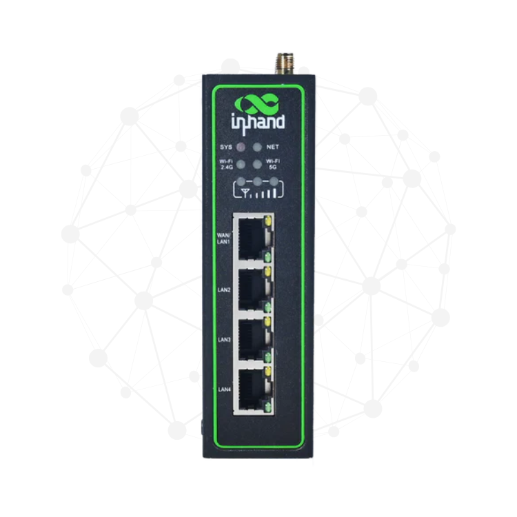 visualys- A black network switch with four Ethernet ports and indicator lights stands in front of a digital, web-like network graphic with interconnected nodes.