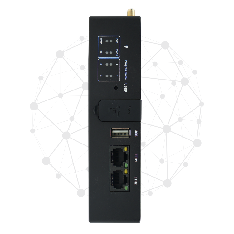 A black network device with indicator lights, USB port, expansion slot, and two Ethernet ports, shown in front of a stylized, geometric network globe with interconnected nodes.