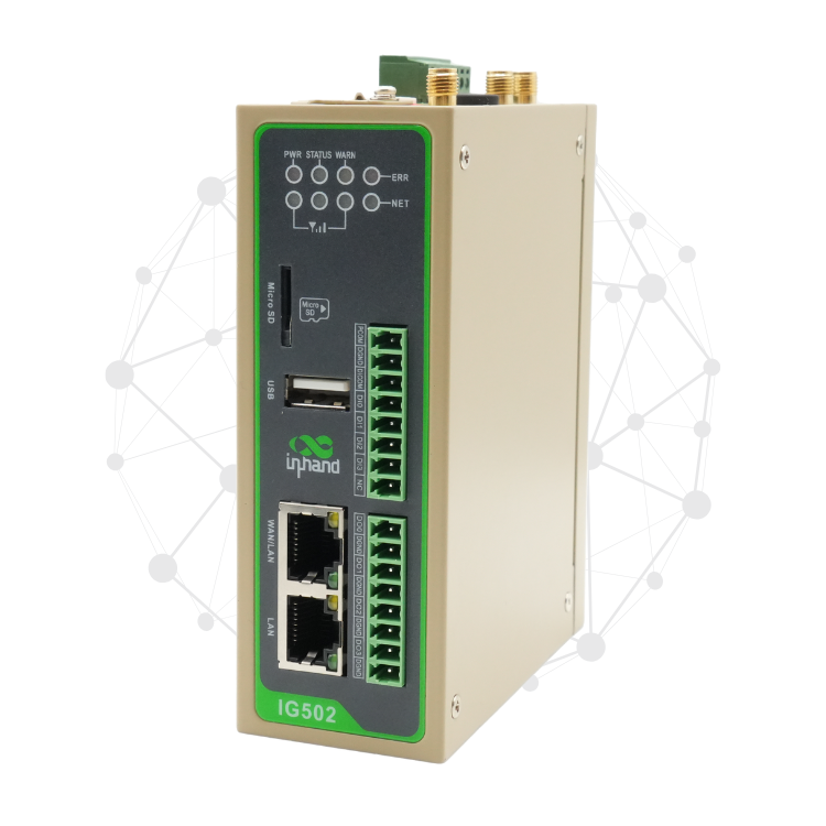 A beige industrial networking device labeled InHand IG502 with multiple ports, indicator lights, USB, Ethernet ports, and green terminal blocks, shown against a digital network graphic background.