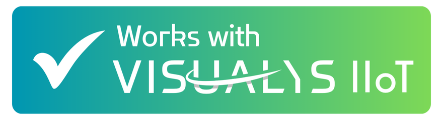 A green and blue gradient badge with a white check mark and the text Works with VISUALYS IIoT.