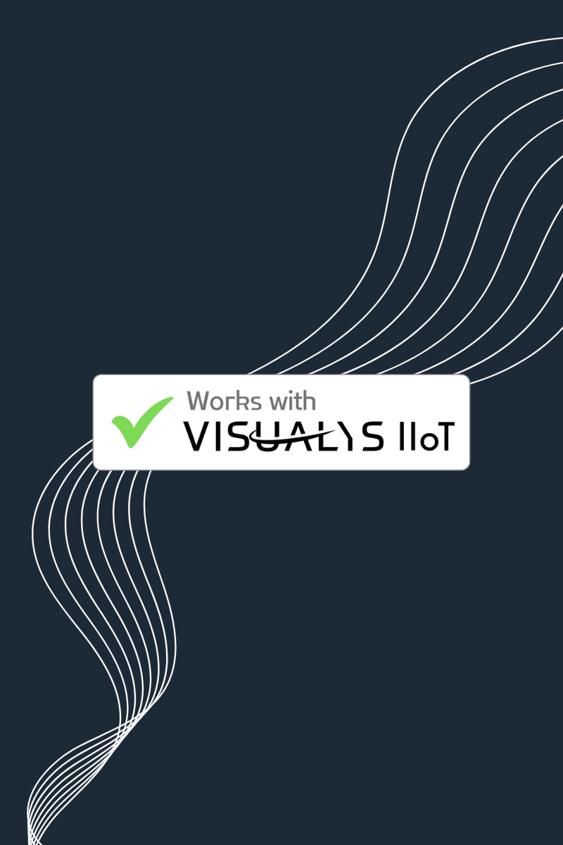 A dark background with curved white lines and a white label in the center showing a green checkmark and the text Works with VISUALS IIoT, with the word VISUALS stylized and partially crossed out.