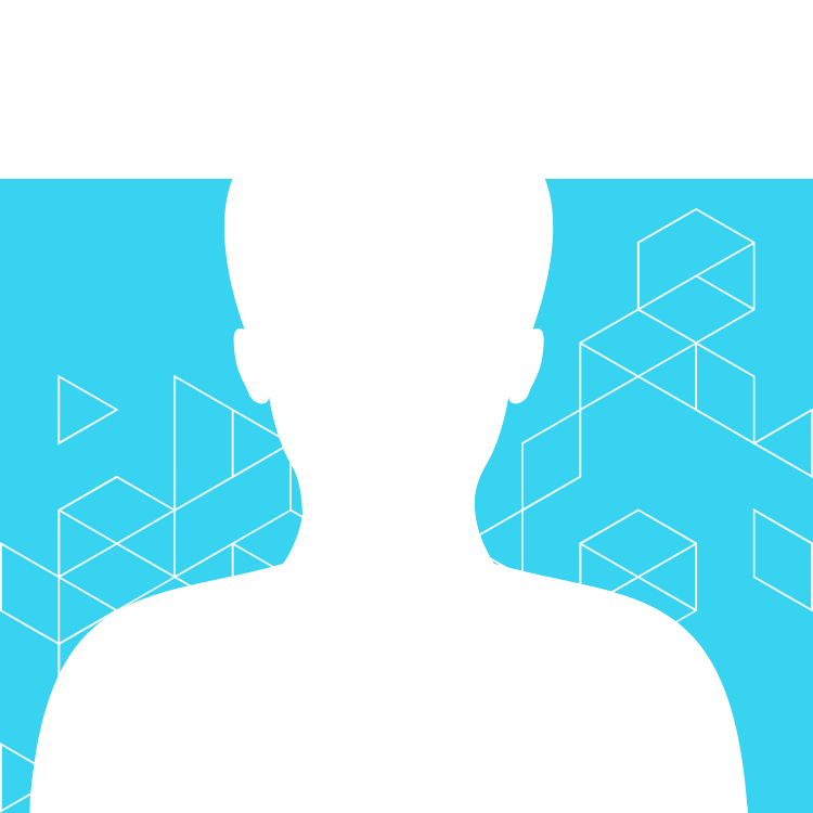 visualys- Silhouette einer Person vor einem blauen Hintergrund mit geometrischen weißen Linienmustern und Formen; keine Gesichtszüge oder Details sichtbar.